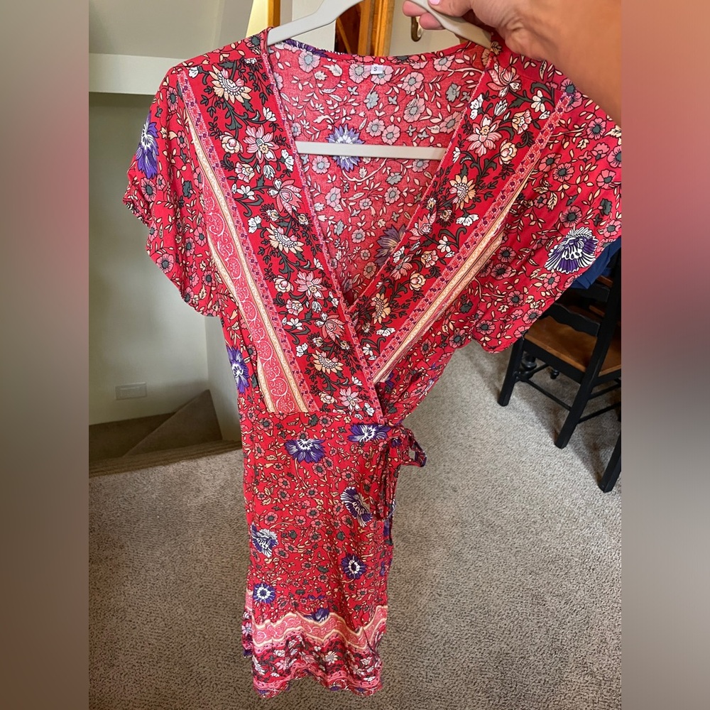 Red floral wrap sun dress (size S)